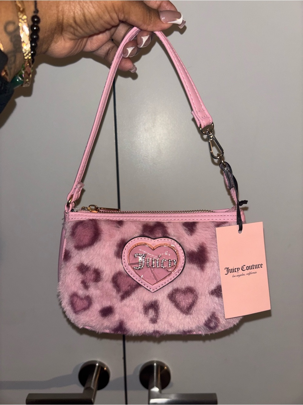 Juicy Couture Pink Faux-Fur Heart Print Wristlet with Crystal Logo